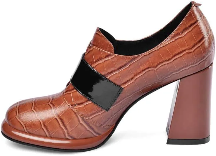 TinaCus Women's Handmade Genuine Leather Round Toe Buckled Trendy Platform High Chunky Heel Slip On Pumps