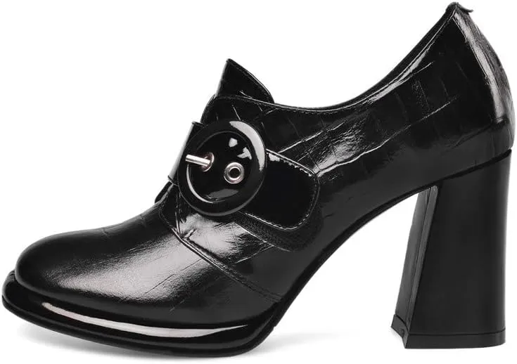 TinaCus Women's Handmade Genuine Leather Round Toe Buckled Trendy Platform High Chunky Heel Slip On Pumps