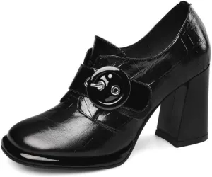TinaCus Women's Handmade Genuine Leather Round Toe Buckled Trendy Platform High Chunky Heel Slip On Pumps