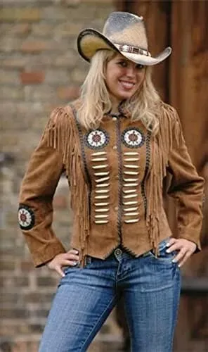 Traditional Western Cowgirl 100% Suede Leather Jacket for Women | Native American coat with Beaded & Fringed