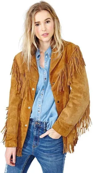 Traditional Western women's Genuine Suede Leather Jacket for women Native American coat with Fringed (US, Alpha, Small, Regular, Regular, Ligth Brown)