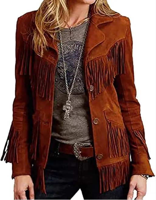 Traditional Western women's Genuine Suede Leather Jacket for women Native American coat with Fringed (US, Alpha, Small, Regular, Regular, Warm Brown)