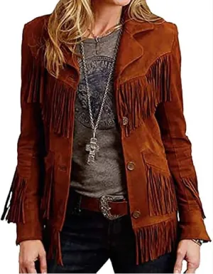 Traditional Western women's Genuine Suede Leather Jacket for women Native American coat with Fringed (US, Alpha, Small, Regular, Regular, Warm Brown)
