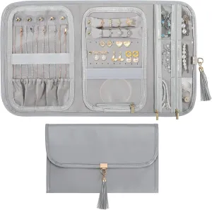 Travel Jewelry Organizer for Women, Waterproof Portable Leather Jewelry Roll Bag Storage Pouch, Foldable Tangle Free Travel Jewelry Case Holder for Necklace Earrings Bracelet Rings, Gray