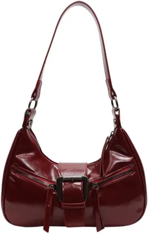 Trendy PU Leather Shoulder Bag for Women Elegant Metal Buckled Underarm Bag Zippered Crossbody Satchel Purse Handbag