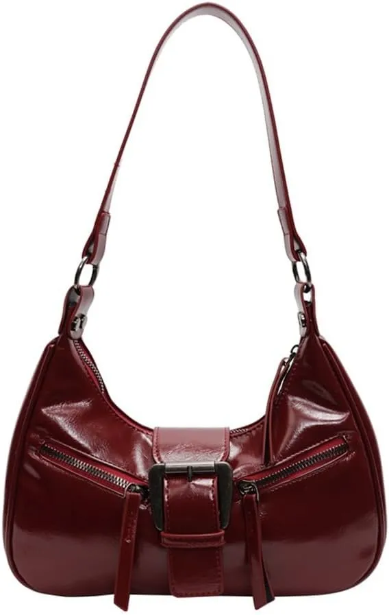Trendy PU Leather Shoulder Bag for Women Elegant Metal Buckled Underarm Bag Zippered Crossbody Satchel Purse Handbag
