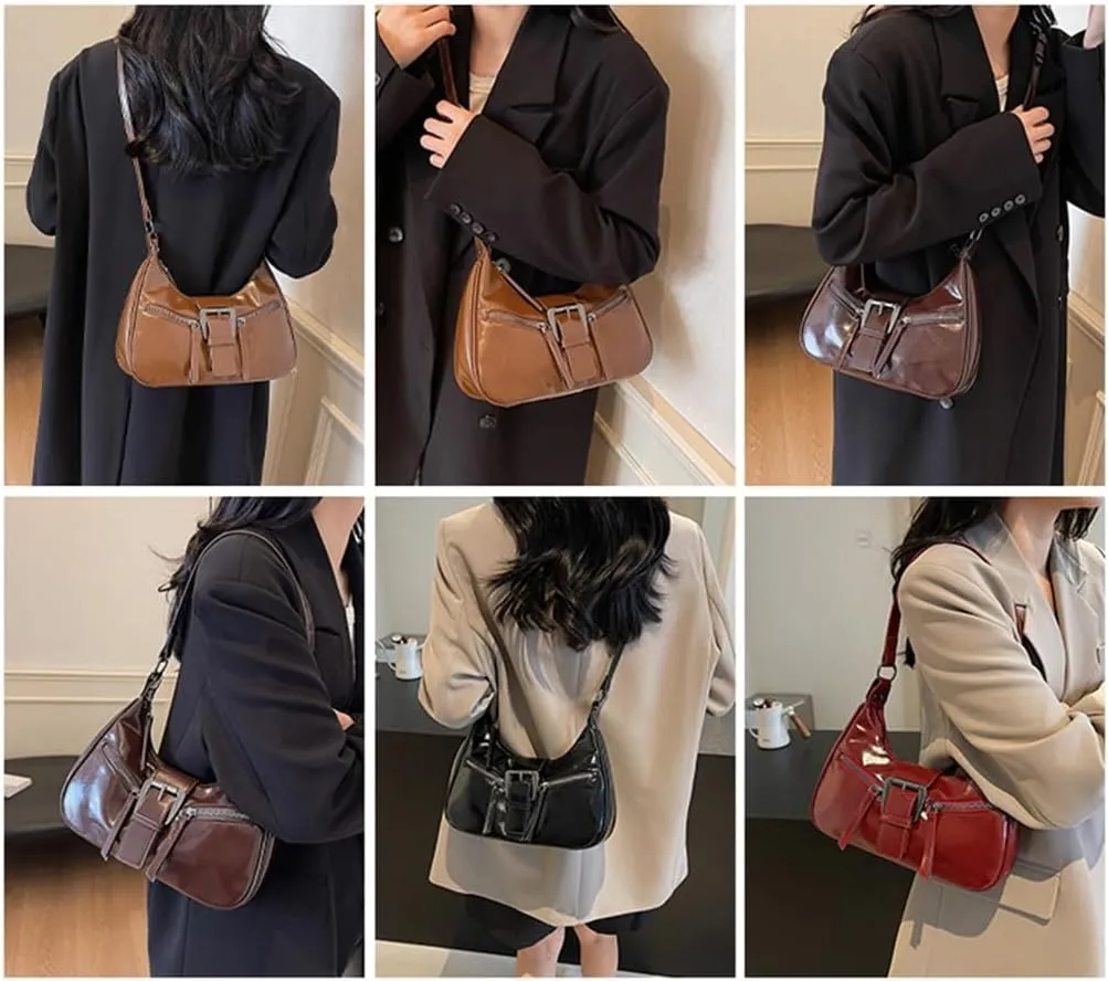 Trendy PU Leather Shoulder Bag for Women Elegant Metal Buckled Underarm Bag Zippered Crossbody Satchel Purse Handbag