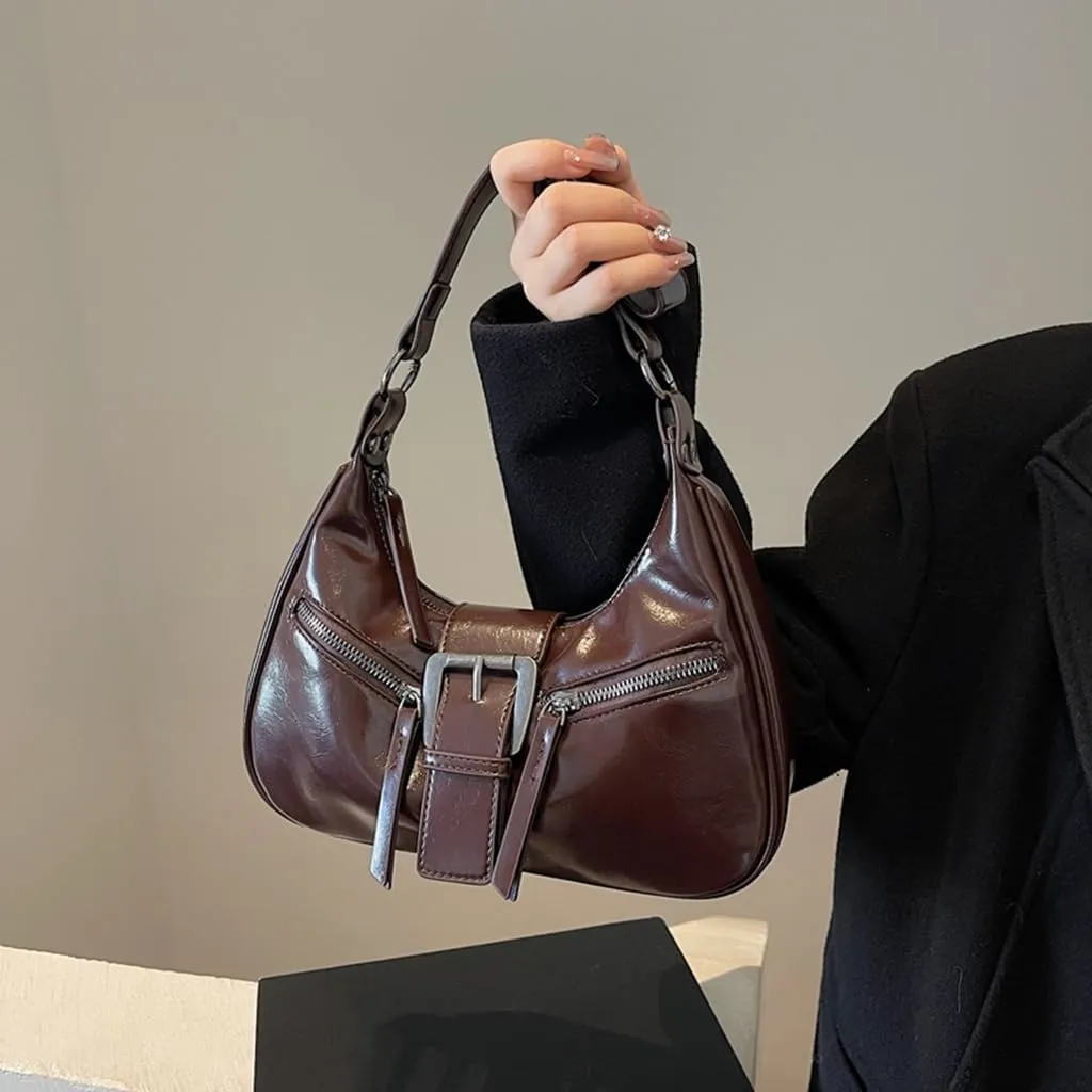 Trendy PU Leather Shoulder Bag for Women Elegant Metal Buckled Underarm Bag Zippered Crossbody Satchel Purse Handbag