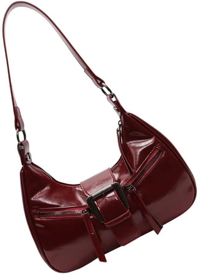 Trendy PU Leather Shoulder Bag for Women Elegant Metal Buckled Underarm Bag Zippered Crossbody Satchel Purse Handbag