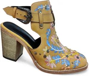 Unimaglif Womens Embroidered Leather Chunky High Heels Block Heeled Sandals With Ankle Strap Closed Toe