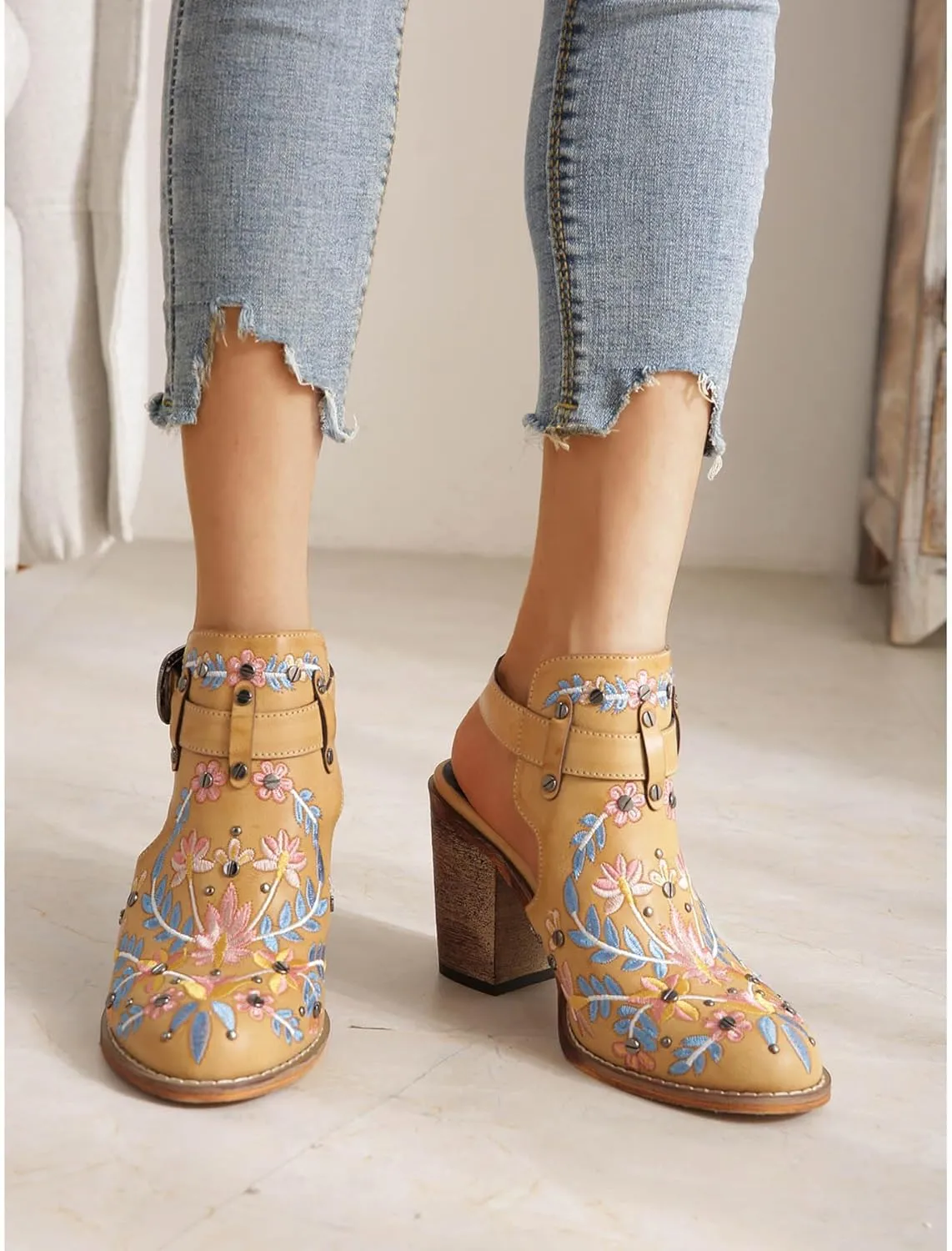 Unimaglif Womens Embroidered Leather Chunky High Heels Block Heeled Sandals With Ankle Strap Closed Toe
