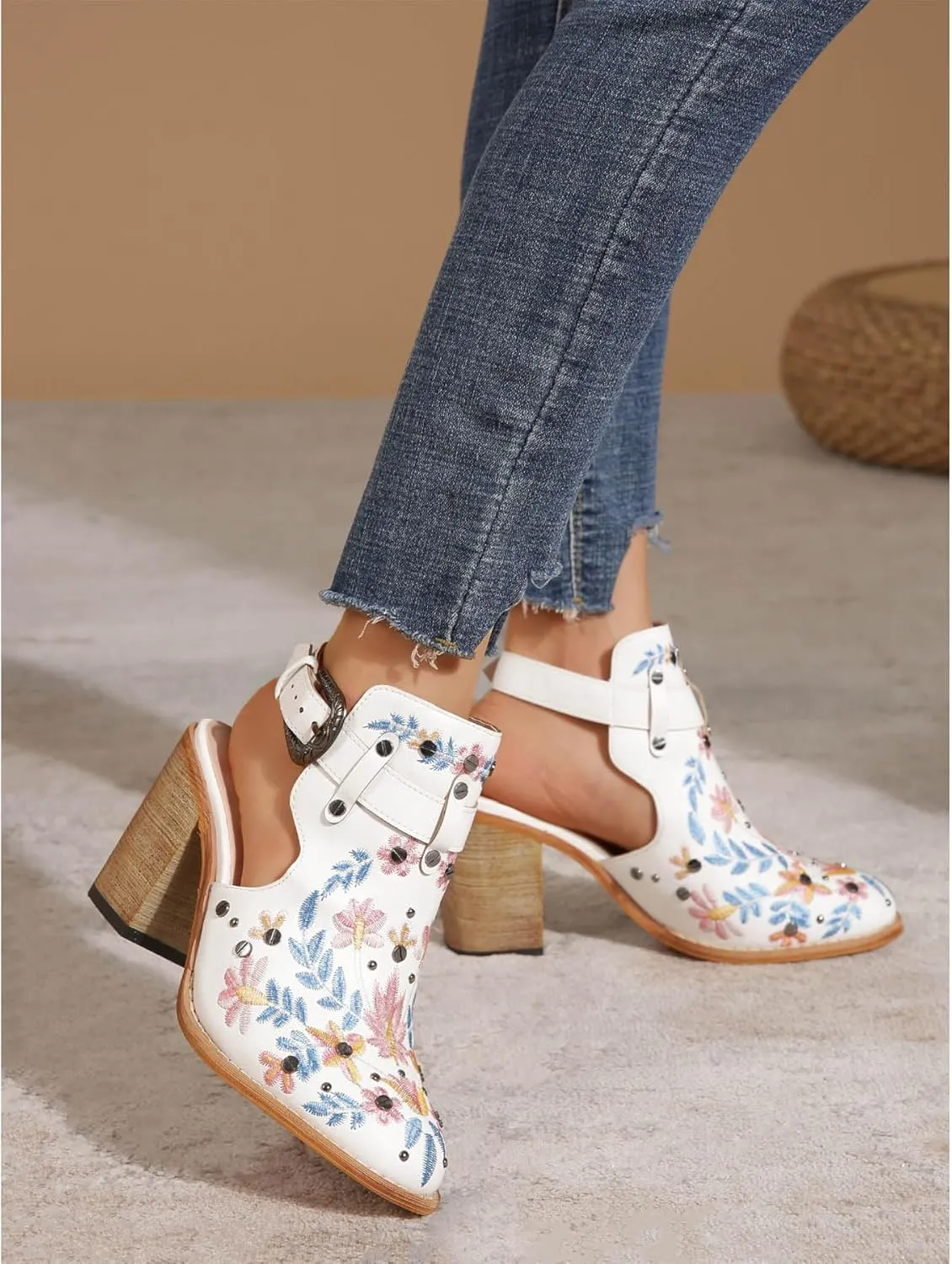 Unimaglif Womens Embroidered Leather Chunky High Heels Block Heeled Sandals With Ankle Strap Closed Toe