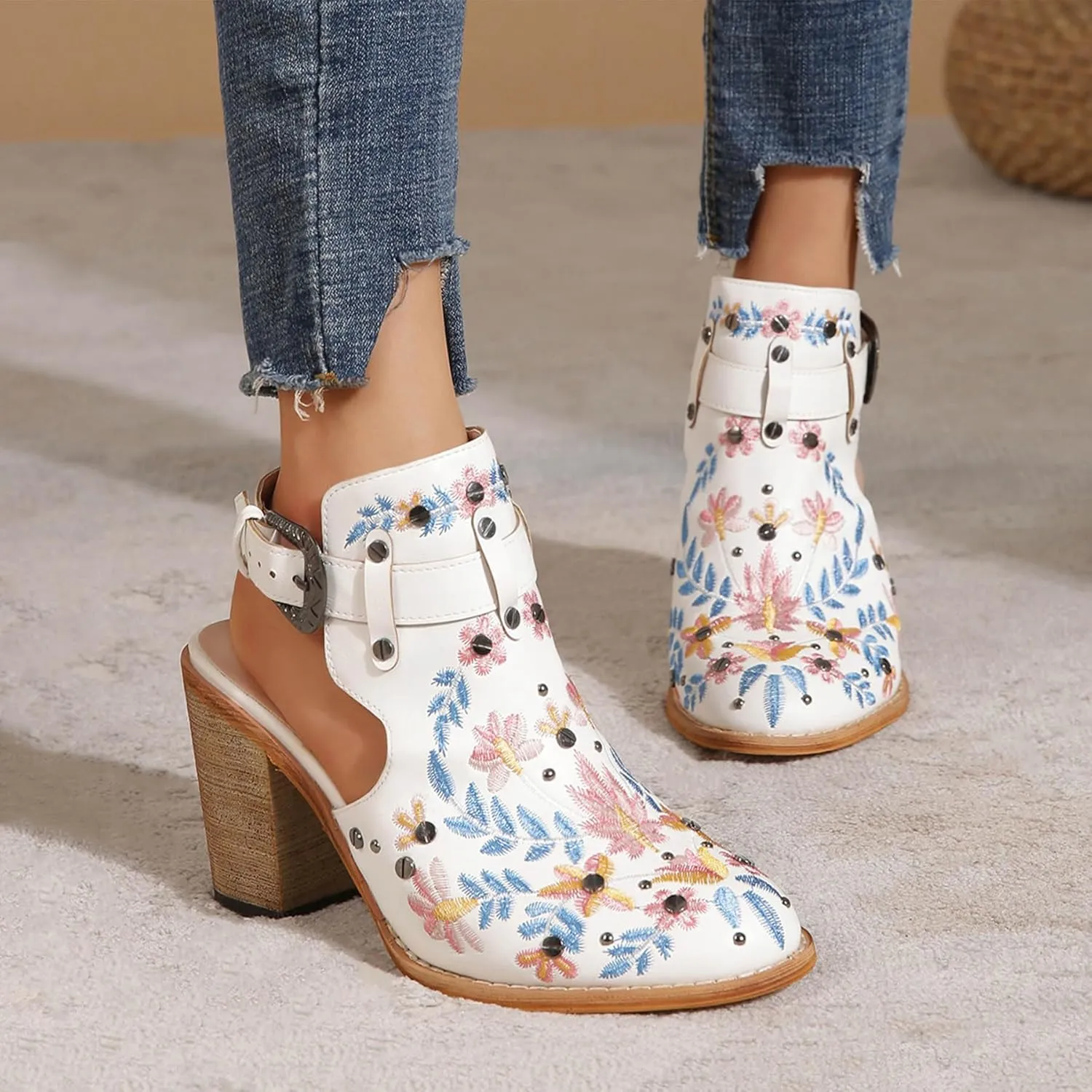 Unimaglif Womens Embroidered Leather Chunky High Heels Block Heeled Sandals With Ankle Strap Closed Toe