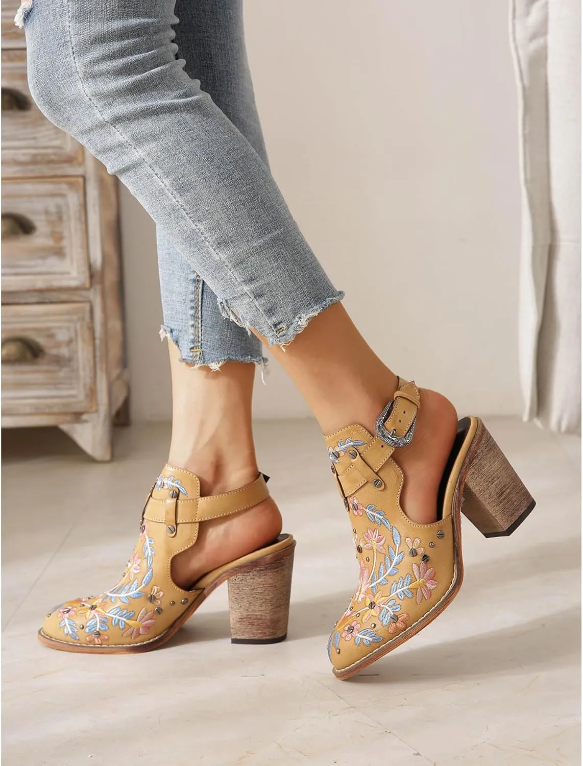 Unimaglif Womens Embroidered Leather Chunky High Heels Block Heeled Sandals With Ankle Strap Closed Toe
