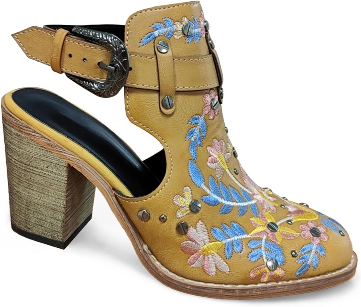 Unimaglif Womens Embroidered Leather Chunky High Heels Block Heeled Sandals With Ankle Strap Closed Toe