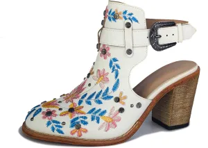 Unimaglif Womens Embroidered Leather Chunky High Heels Block Heeled Sandals With Ankle Strap Closed Toe