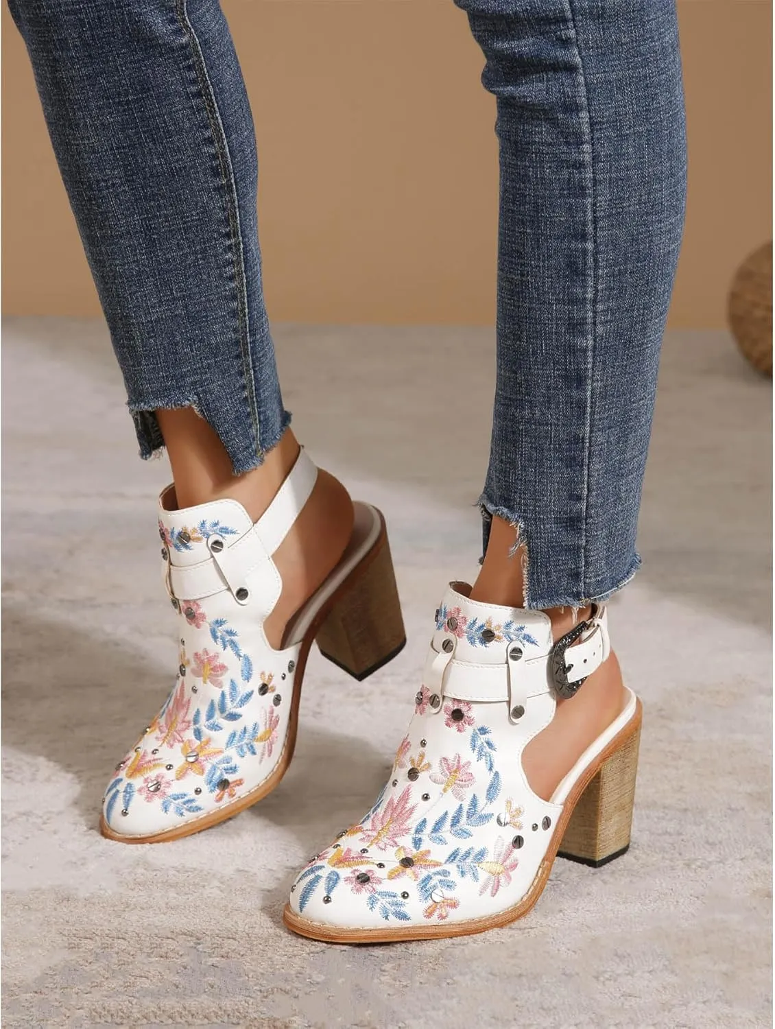 Unimaglif Womens Embroidered Leather Chunky High Heels Block Heeled Sandals With Ankle Strap Closed Toe