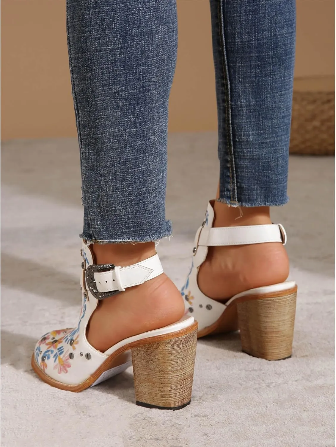 Unimaglif Womens Embroidered Leather Chunky High Heels Block Heeled Sandals With Ankle Strap Closed Toe