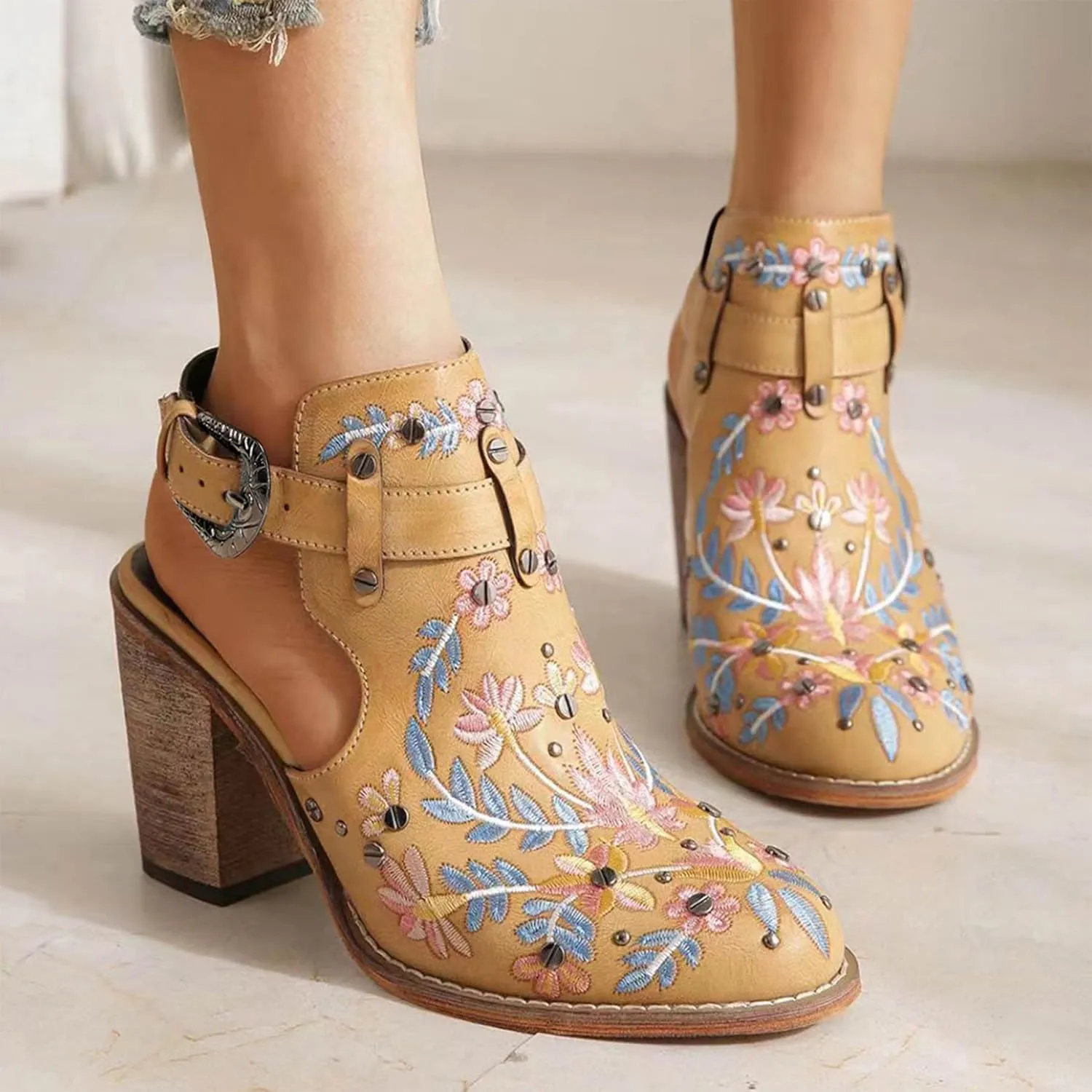 Unimaglif Womens Embroidered Leather Chunky High Heels Block Heeled Sandals With Ankle Strap Closed Toe