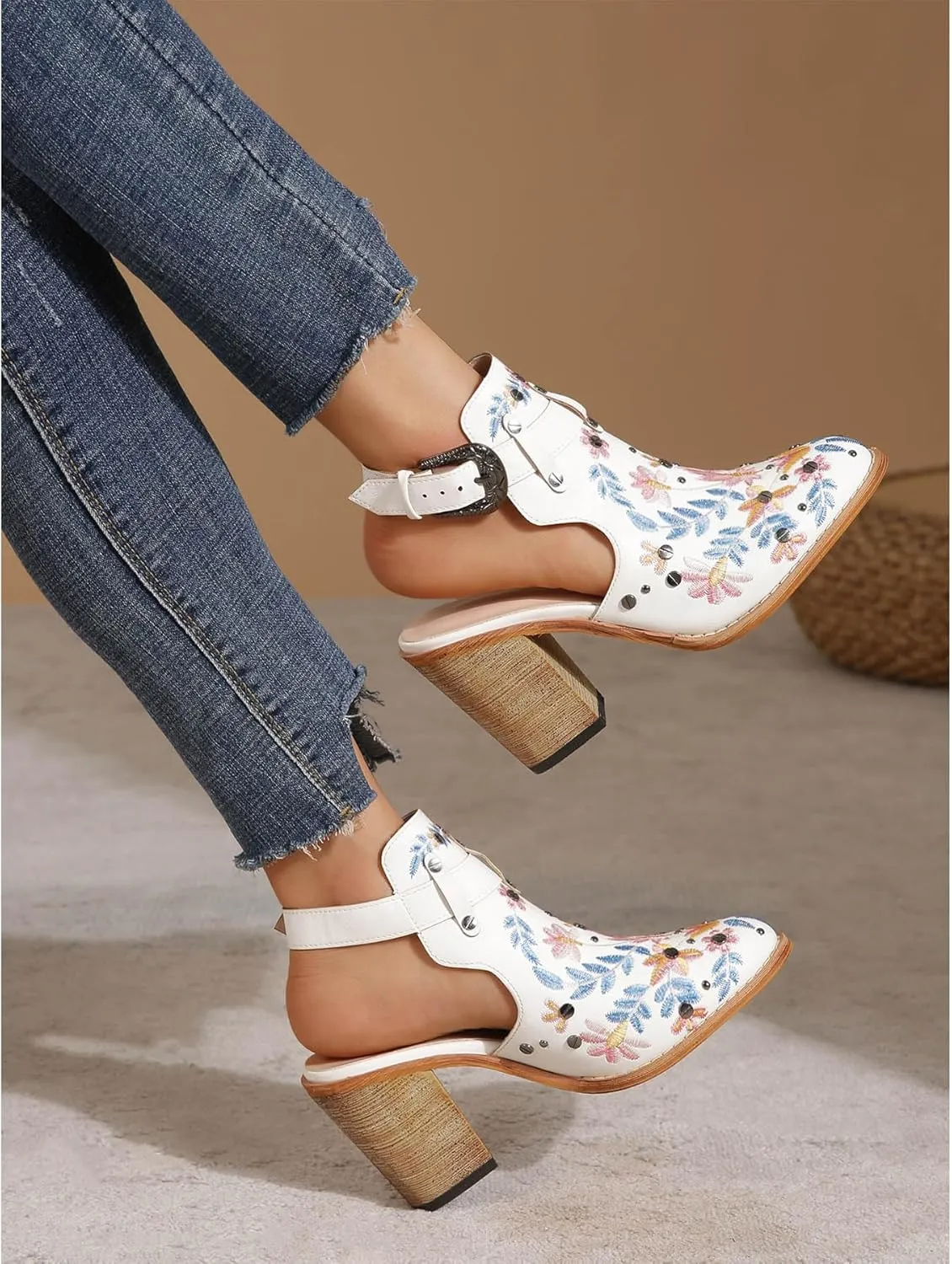 Unimaglif Womens Embroidered Leather Chunky High Heels Block Heeled Sandals With Ankle Strap Closed Toe