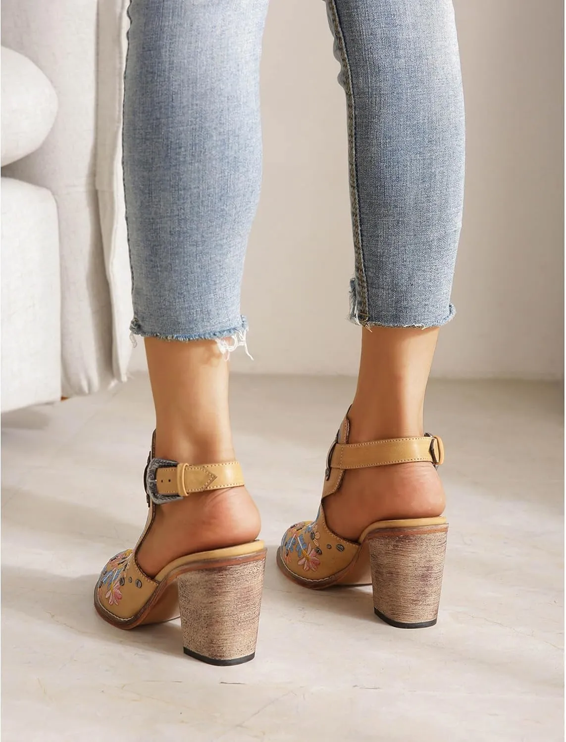 Unimaglif Womens Embroidered Leather Chunky High Heels Block Heeled Sandals With Ankle Strap Closed Toe