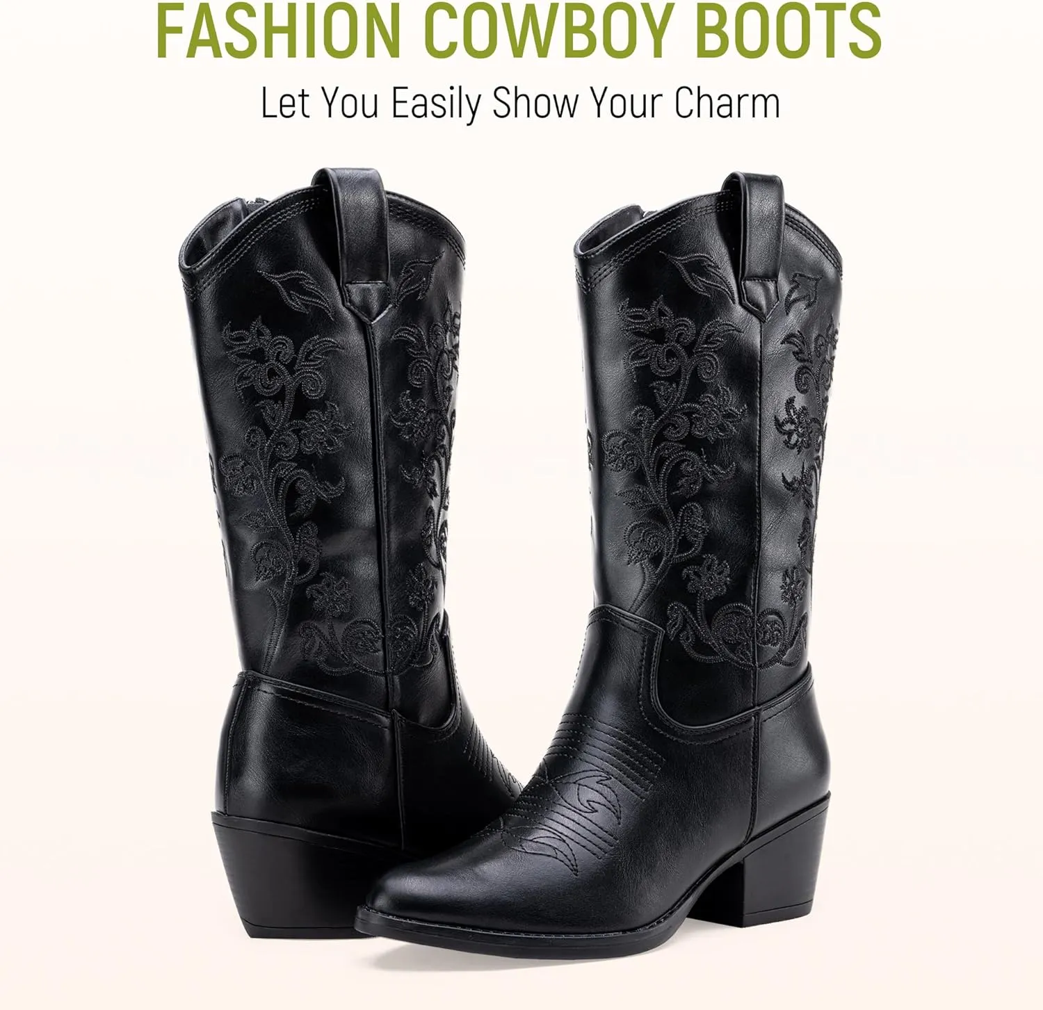 Vepose Women's 9803 Embroided Cowboy Boots,Western Pull on Point Toe Mid-Calf Cowgirl Boots with Inside Zipper