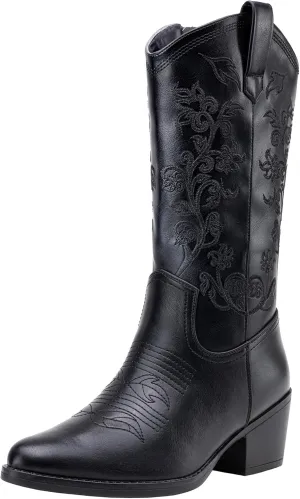 Vepose Women's 9803 Embroided Cowboy Boots,Western Pull on Point Toe Mid-Calf Cowgirl Boots with Inside Zipper