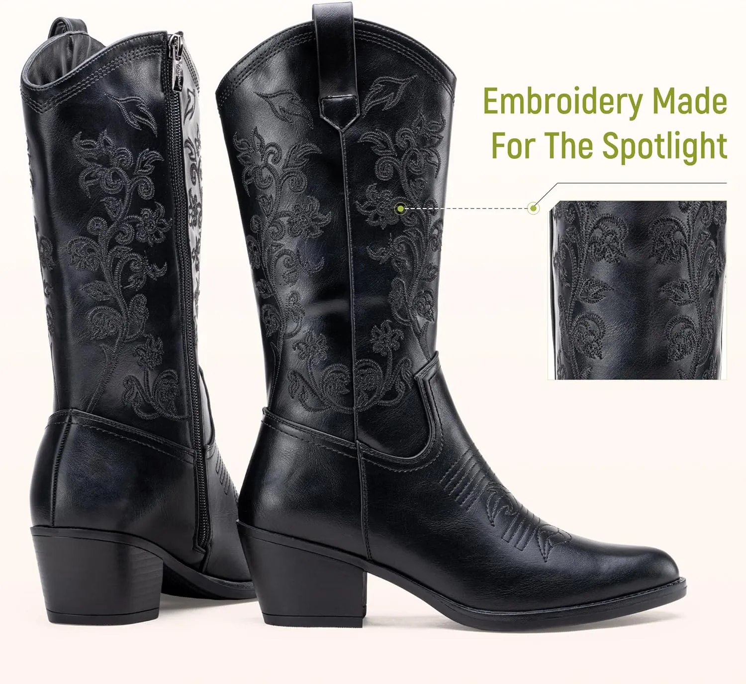 Vepose Women's 9803 Embroided Cowboy Boots,Western Pull on Point Toe Mid-Calf Cowgirl Boots with Inside Zipper