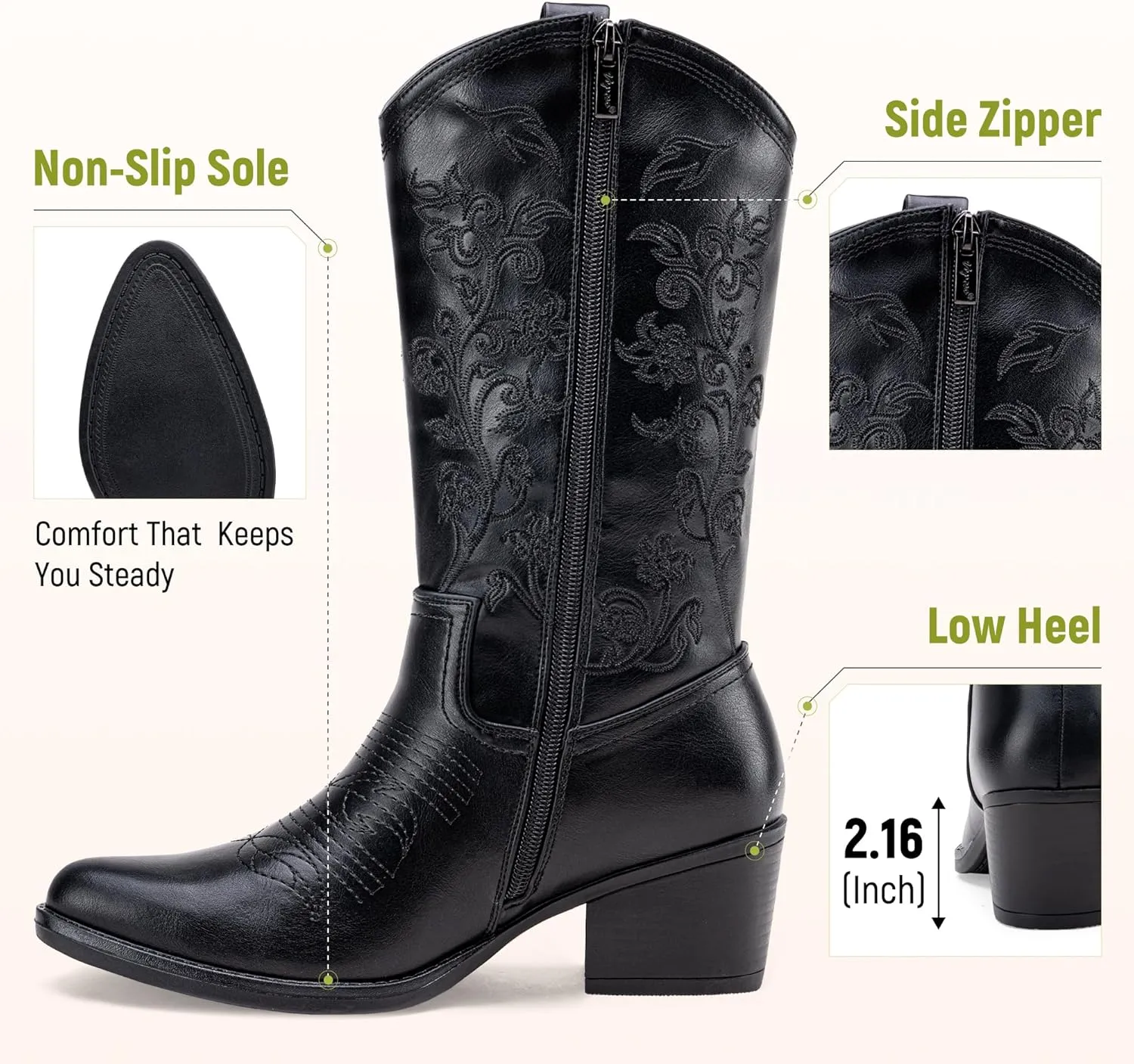 Vepose Women's 9803 Embroided Cowboy Boots,Western Pull on Point Toe Mid-Calf Cowgirl Boots with Inside Zipper