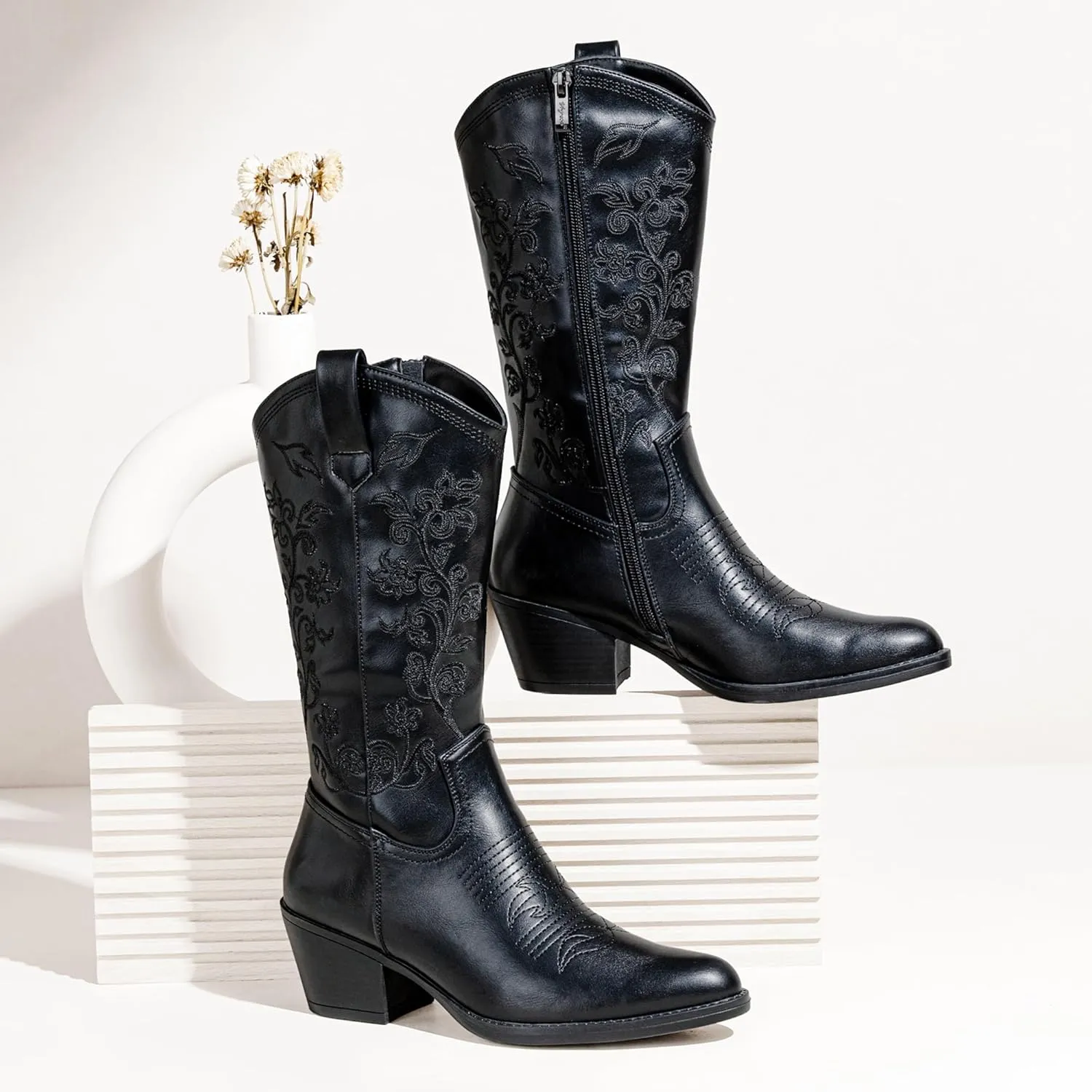 Vepose Women's 9803 Embroided Cowboy Boots,Western Pull on Point Toe Mid-Calf Cowgirl Boots with Inside Zipper