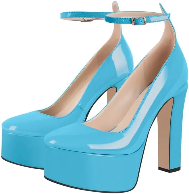 VERISSON Round Toe Mary Jane Adjustable Buckle Strap Platform Chunky Heels Pumps Patent Leather High Heel Party Shoes