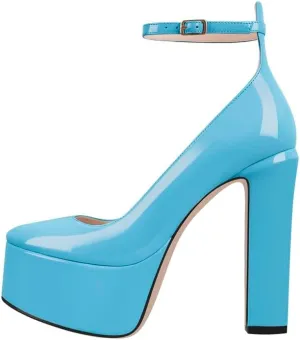VERISSON Round Toe Mary Jane Adjustable Buckle Strap Platform Chunky Heels Pumps Patent Leather High Heel Party Shoes
