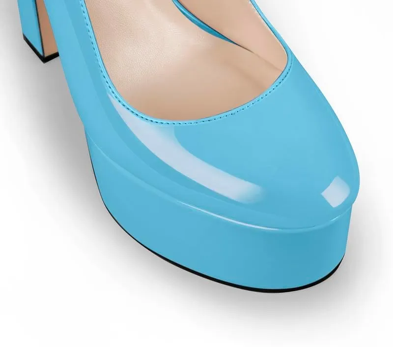 VERISSON Round Toe Mary Jane Adjustable Buckle Strap Platform Chunky Heels Pumps Patent Leather High Heel Party Shoes