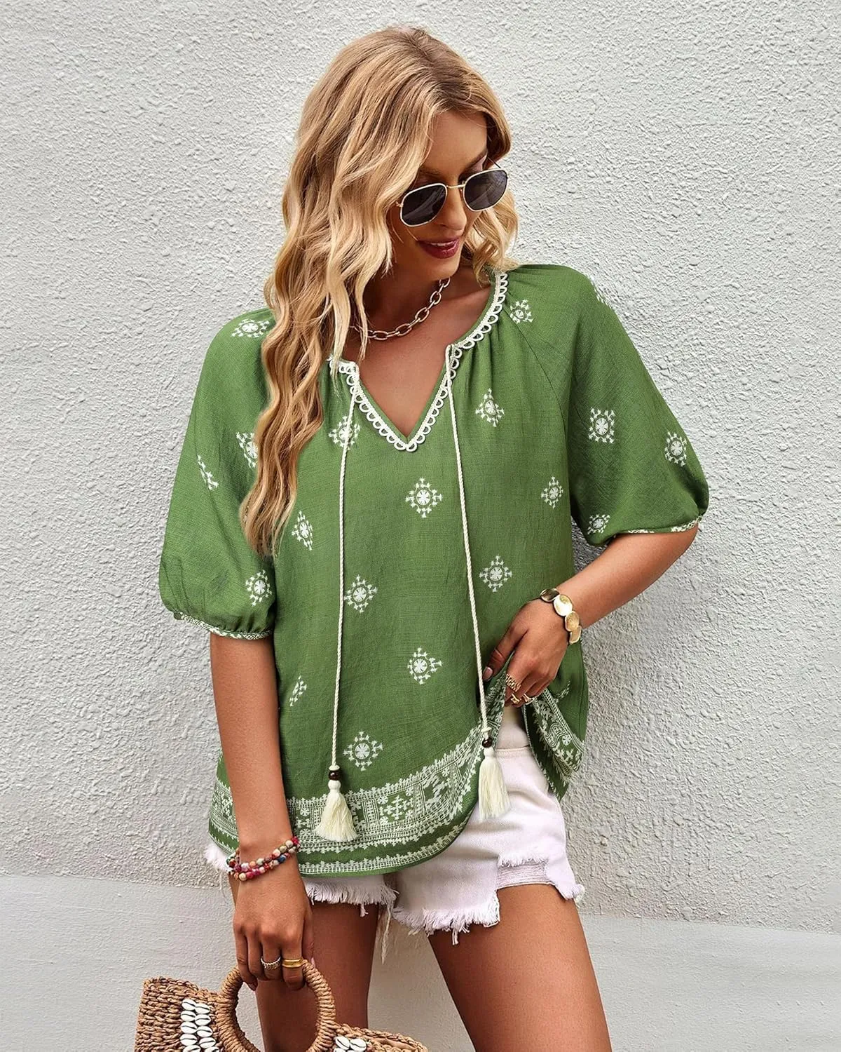 Vivilli Womens Summer Boho Tops Casual V Neck Short Sleeve Blouses Floral Print Shirt Tie Front Flowy Vacation Clothes