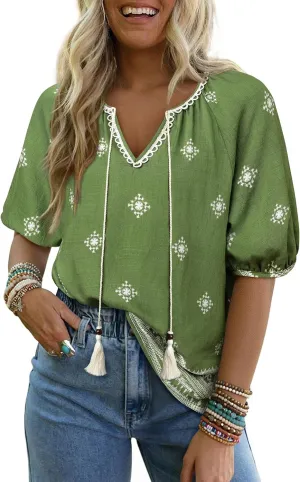 Vivilli Womens Summer Boho Tops Casual V Neck Short Sleeve Blouses Floral Print Shirt Tie Front Flowy Vacation Clothes