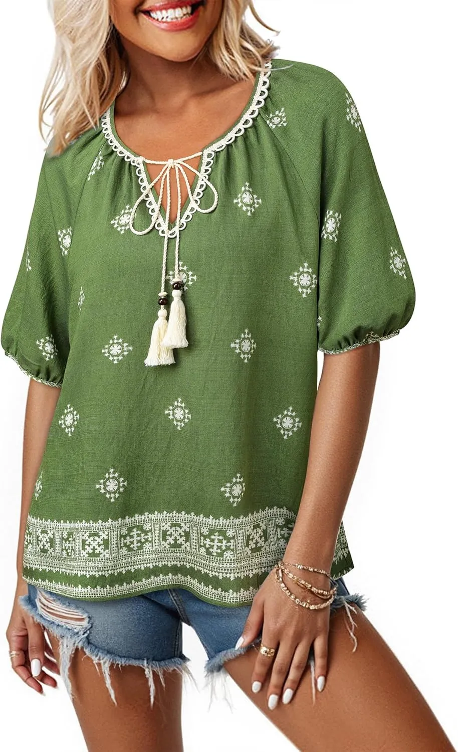 Vivilli Womens Summer Boho Tops Casual V Neck Short Sleeve Blouses Floral Print Shirt Tie Front Flowy Vacation Clothes