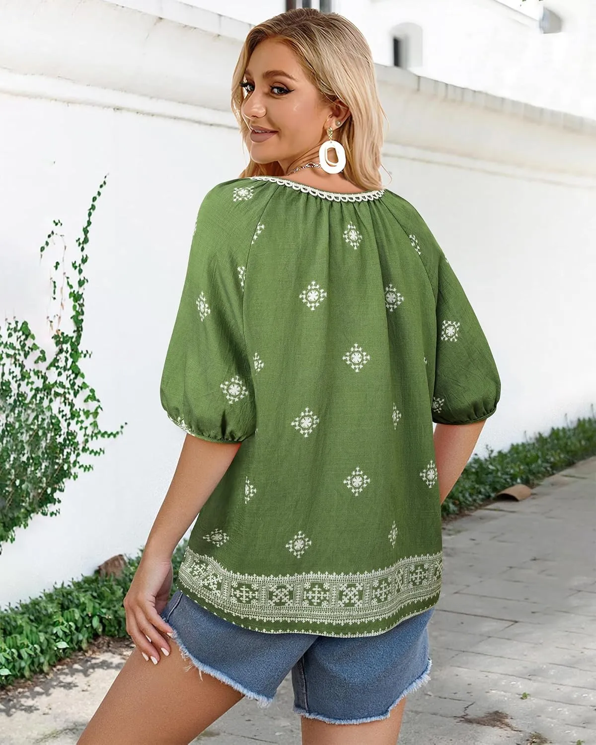 Vivilli Womens Summer Boho Tops Casual V Neck Short Sleeve Blouses Floral Print Shirt Tie Front Flowy Vacation Clothes