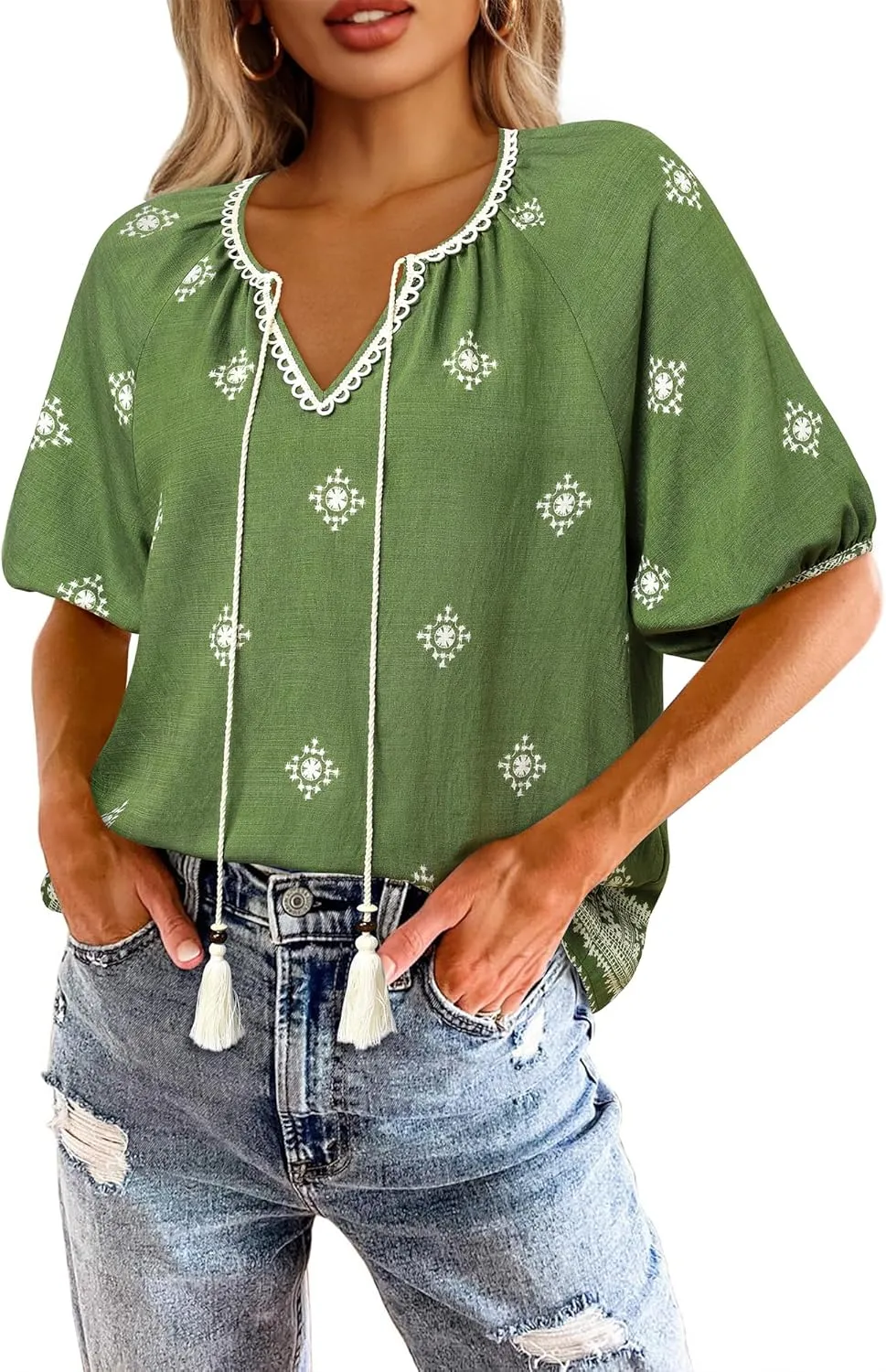 Vivilli Womens Summer Boho Tops Casual V Neck Short Sleeve Blouses Floral Print Shirt Tie Front Flowy Vacation Clothes