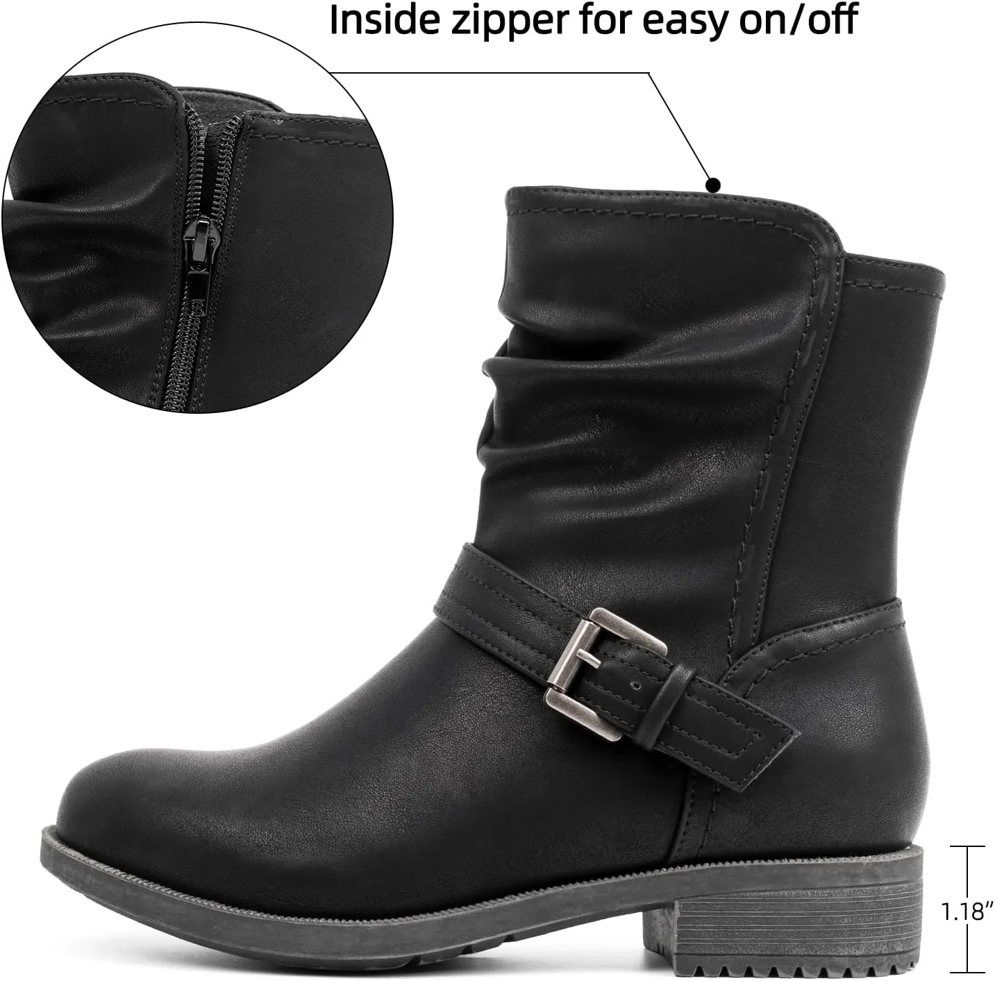 VJH confort Women's Mid Calf Boots, Comfort Buckle Slouchy Booties with Side Zipper