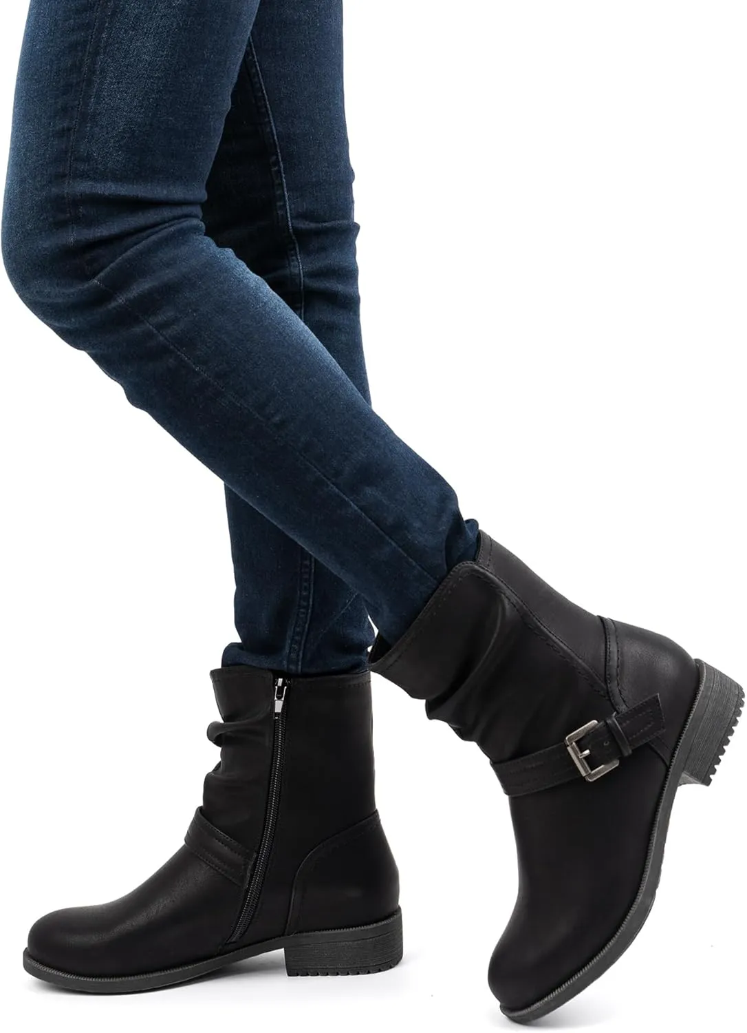 VJH confort Women's Mid Calf Boots, Comfort Buckle Slouchy Booties with Side Zipper