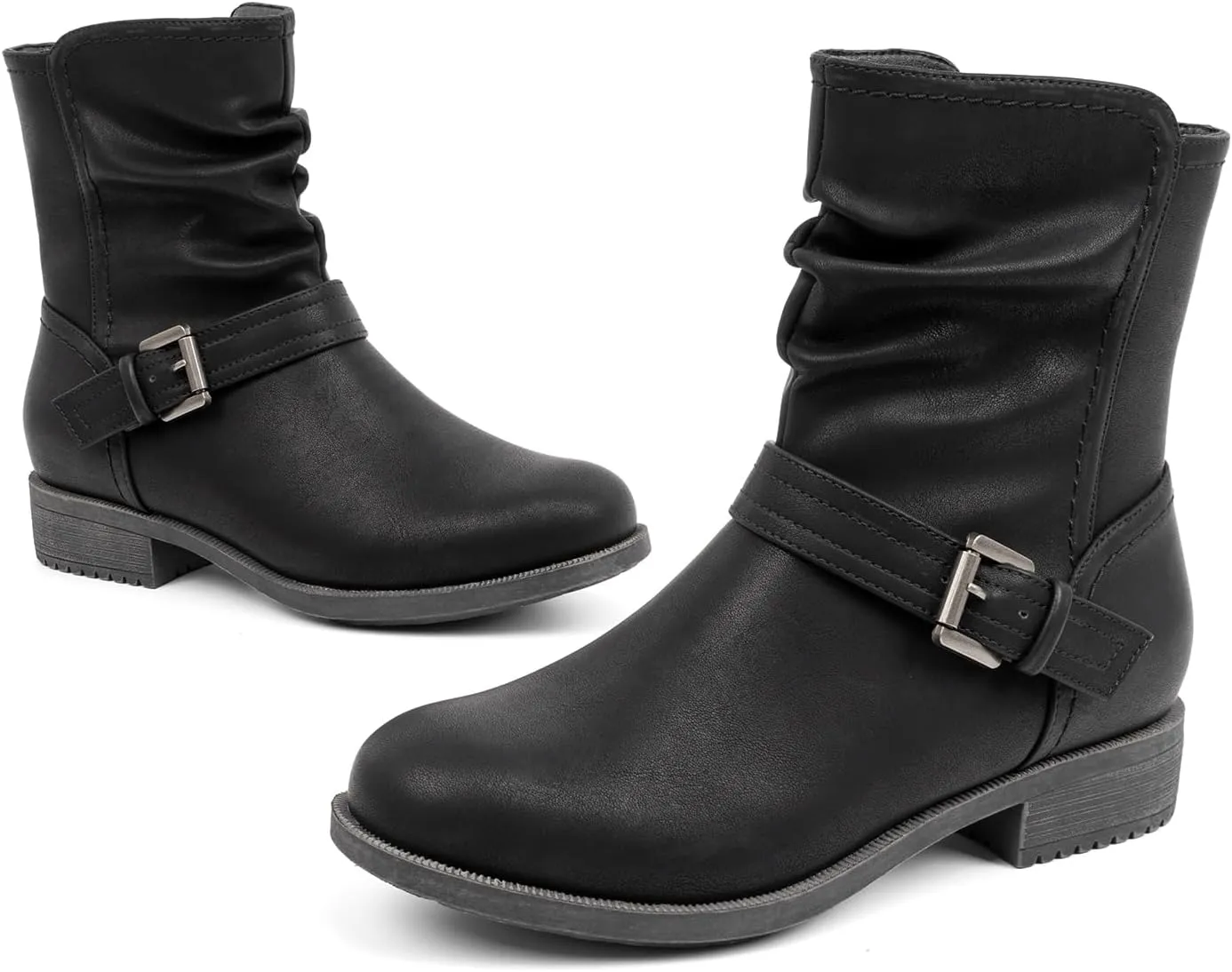 VJH confort Women's Mid Calf Boots, Comfort Buckle Slouchy Booties with Side Zipper