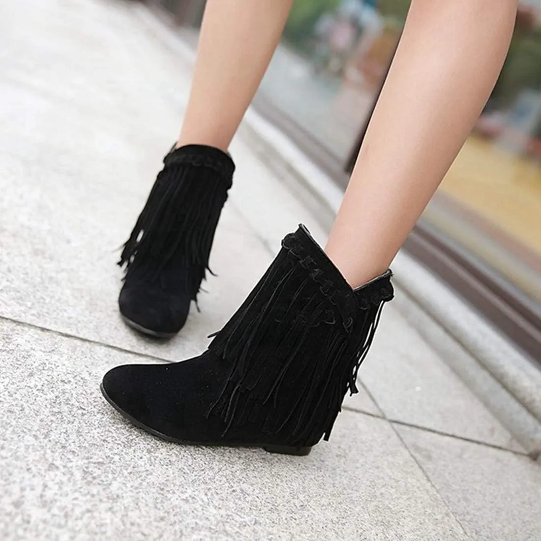 VOKLIN Women's Winter Suede Fringed Ankle Boots Fashion Round Toe Low Wedge Heel Dress Tassel Short Booties