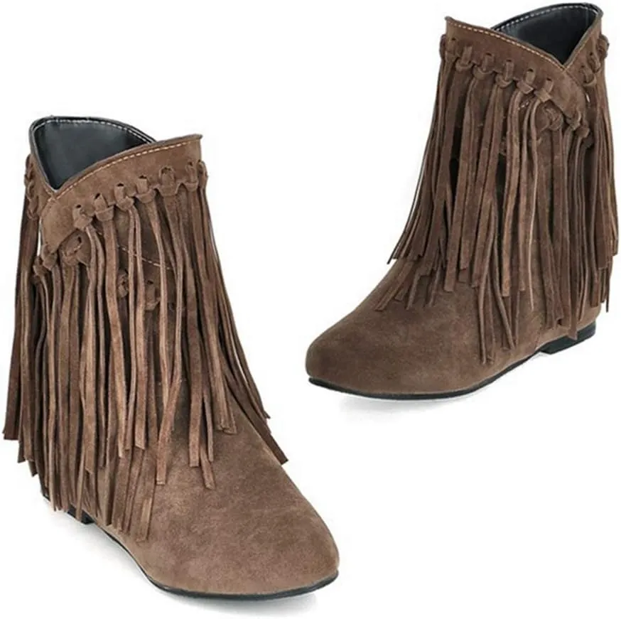 VOKLIN Women's Winter Suede Fringed Ankle Boots Fashion Round Toe Low Wedge Heel Dress Tassel Short Booties