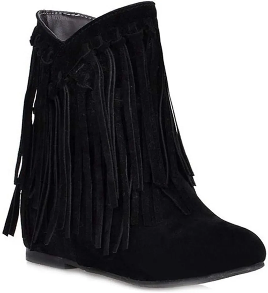 VOKLIN Women's Winter Suede Fringed Ankle Boots Fashion Round Toe Low Wedge Heel Dress Tassel Short Booties
