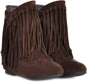 VOKLIN Women's Winter Suede Fringed Ankle Boots Fashion Round Toe Low Wedge Heel Dress Tassel Short Booties