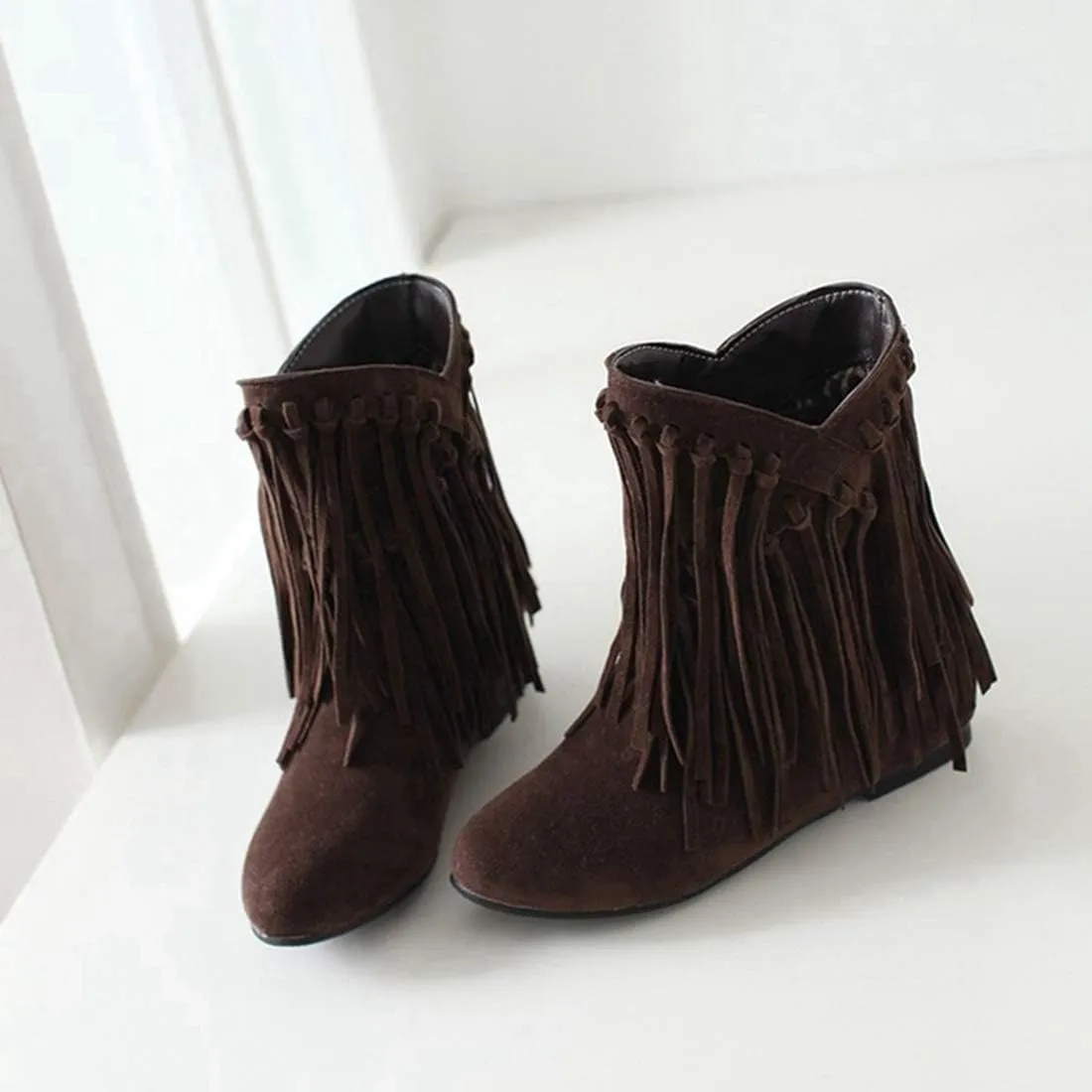 VOKLIN Women's Winter Suede Fringed Ankle Boots Fashion Round Toe Low Wedge Heel Dress Tassel Short Booties