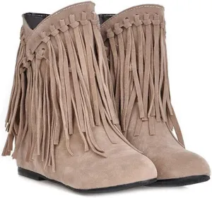 VOKLIN Women's Winter Suede Fringed Ankle Boots Fashion Round Toe Low Wedge Heel Dress Tassel Short Booties