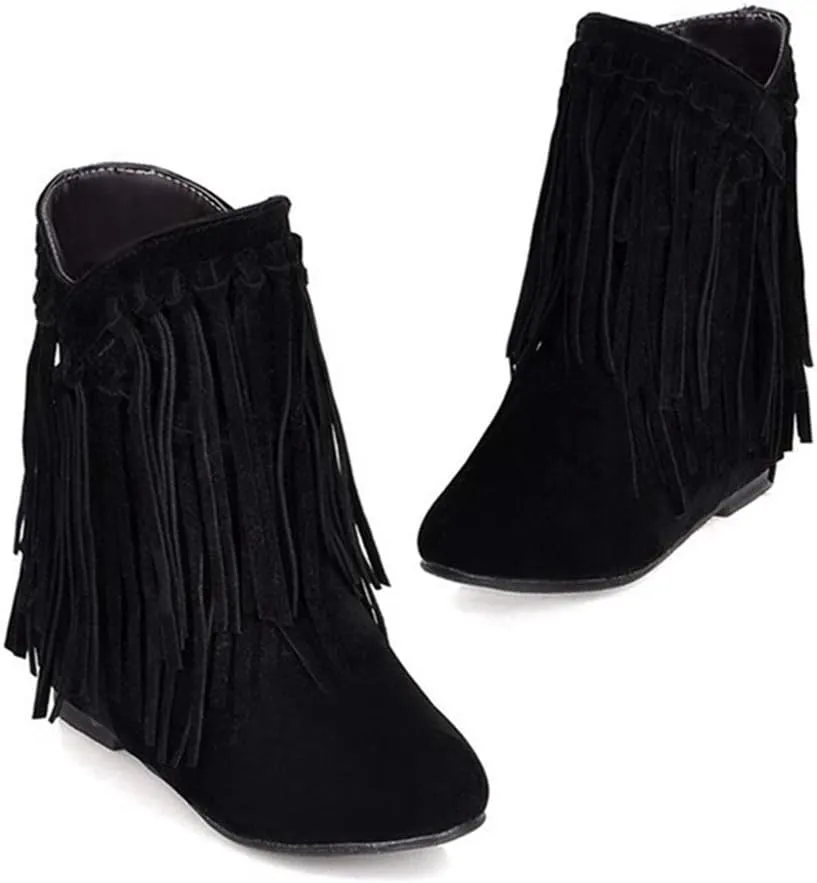 VOKLIN Women's Winter Suede Fringed Ankle Boots Fashion Round Toe Low Wedge Heel Dress Tassel Short Booties