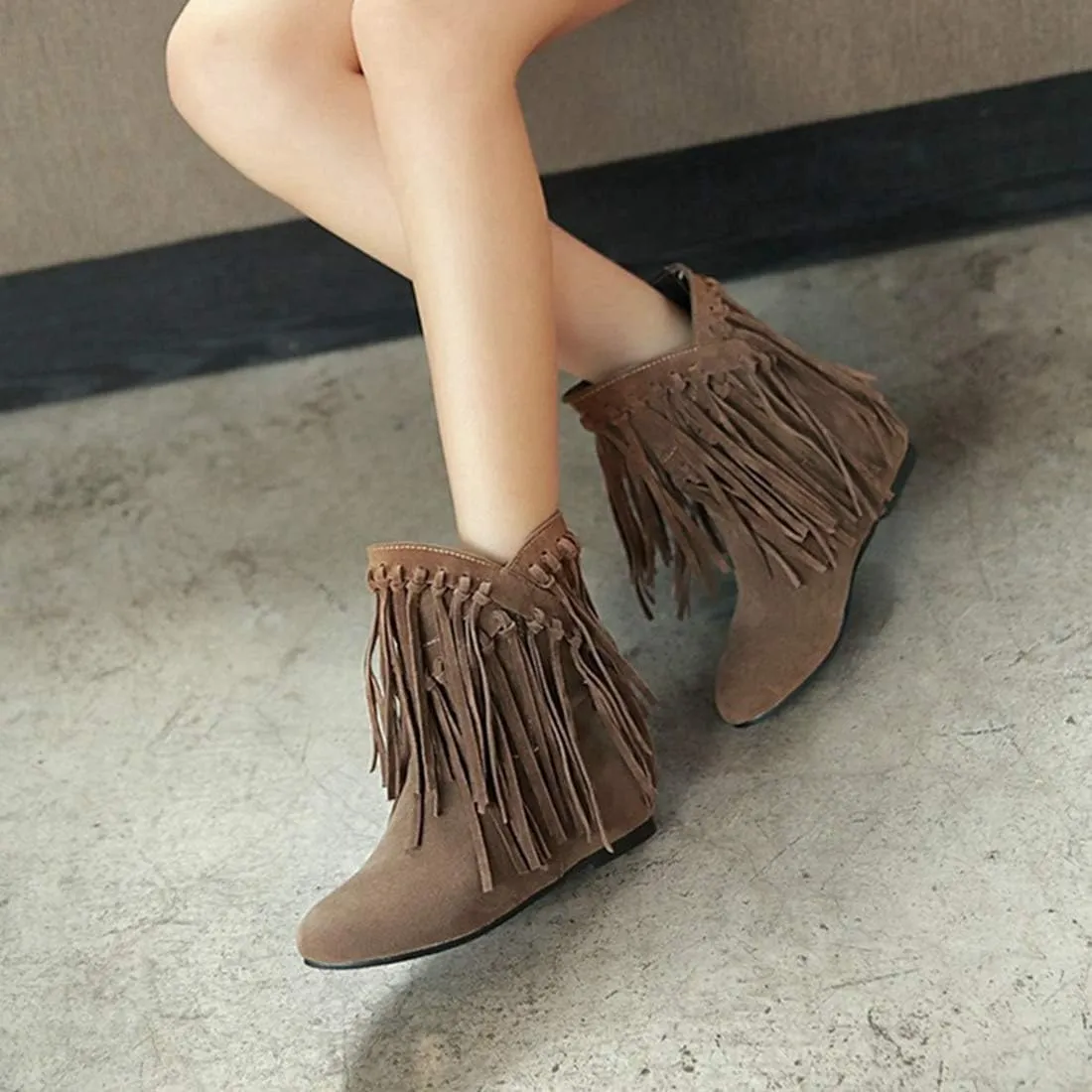 VOKLIN Women's Winter Suede Fringed Ankle Boots Fashion Round Toe Low Wedge Heel Dress Tassel Short Booties