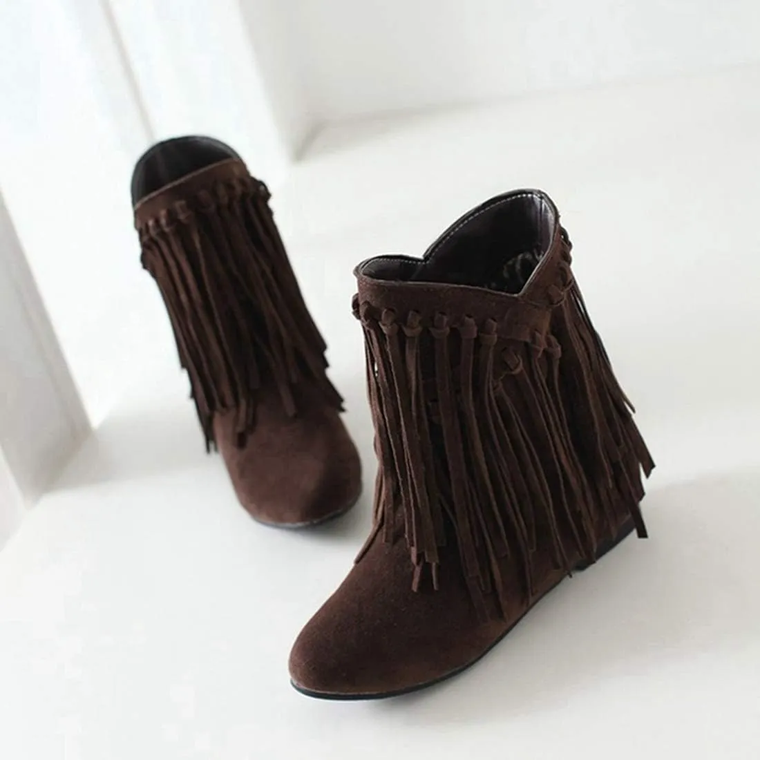 VOKLIN Women's Winter Suede Fringed Ankle Boots Fashion Round Toe Low Wedge Heel Dress Tassel Short Booties